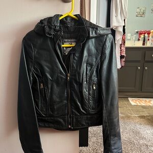 Elegant Black Leather Jacket with Hood